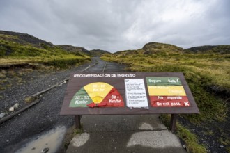 Warning sign for strong winds, gusts of wind on a hiking trail, Torres del Paine, Chile