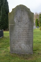 Gravestone with ship motif, cemetery of St John's Church, Nieblum, Föhr Island, Schleswig-Holstein,
