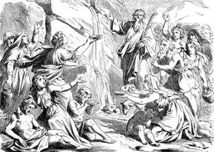 The children of Israel drink water from a rock, Moses strikes staff on rock face, thirst, dying of