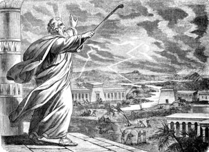 The Lord brought thunder, lightning and hail over the land of Egypt, God, temple, Nile, palm trees,