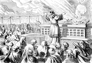 Aaron's first sacrifice is ignited by fire from heaven, sanctuary, smoke, God, people, ceremony,