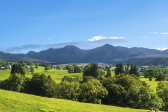 Expansive green fields and trees with mountains in the distance under a clear blue sky, Massif of