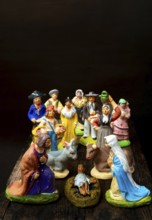 Traditional Provençal terracotta Santons figurines displayed for a crib in France showcasing local