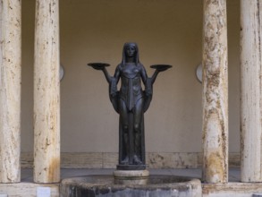 Statue, fountain figure The Tearful One, Goddess of Fate, funeral parlour, Waldfriedhof, Stuttgart,