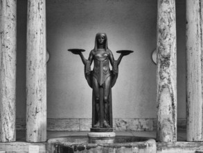 Statue, fountain figure The Tearful One, Goddess of Fate, funeral parlour, forest cemetery, black