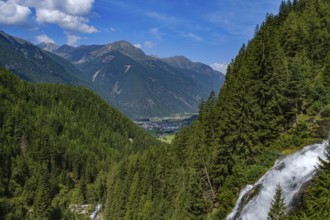 View of Umhausen and the Middle Ötztal from the Stuibenfall between Umhausen and Niederthai, Tyrol,