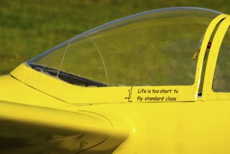 Life is too short to fly standard class, slogan on the canopy frame of a Letov LF-107 Lunak glider