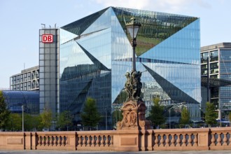 Historic Moltkebrücke with modern Cube Berlin, cube-shaped office building with glass façade