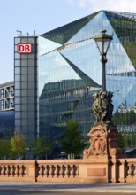Historic Moltkebrücke with modern Cube Berlin, cube-shaped office building with glass façade
