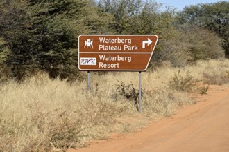Road sign at the foot of the Waterberg, Otjozondjupa region, Namibia