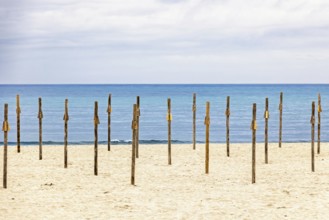 Sandy beach by the Mediterranean Sea with wooden poles for parasols and a seascape view to the