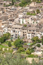 Aerial view at an old mountain village with residential houses and lush green gardens in the