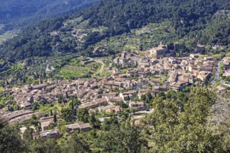 High angle view at a mountain village on a slope with lush green foliage a sunny summer day,