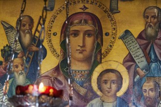 Pantanassa Monastery from the 15th century AD, Holy Icon of Mary with baby Jesus in the light of a