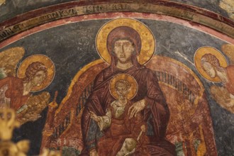 Pantanassa Monastery from the 15th century AD, Holy Mary with baby Jesus and angels in a fresco