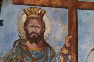Pantanassa Monastery from the 15th century AD, fresco of a crowned king with a cross on a sacred