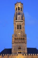 Illuminated Belfry of Bruges in the evening light, Belfort on the Grote Markt, Market Square,