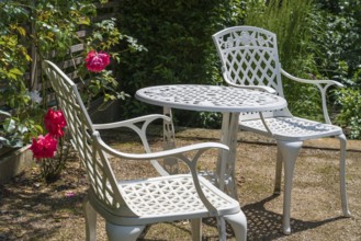 Sitting area in the garden, table and two garden chairs, framed by blooming roses, Westphalia,