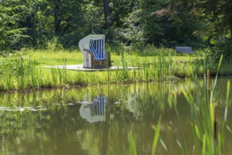 Single beach chair by a pond in a park, reflection, Westphalia, North Rhine-Westphalia, Germany