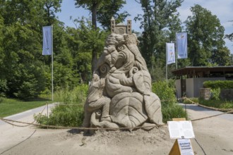 Sand sculpture with barrier, fairy tale Jack and the Beanstalk, garden show, Bad Lippspringe,