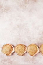 Scallop, baked in shells, with cheese and spices, on the table, homemade