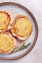 Scallop, baked in shells, with cheese and spices, on a plate, homemade