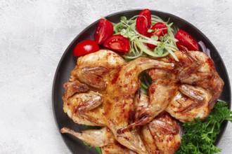 Baked quail, served on a plate with crispy lettuce leaves, fresh tomatoes and herbs, on a dark