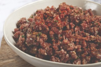Raw minced meat, marinated with spices and herbs, in a bowl, minced meat with spices, top view,