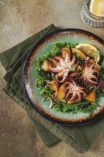 Warm salad, grilled mini octopus, with potatoes and fresh herbs, homemade, no people