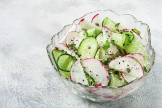 Crisp cucumber and thinly sliced radishes are mixed with fresh herbs in a decorative bowl. The dish