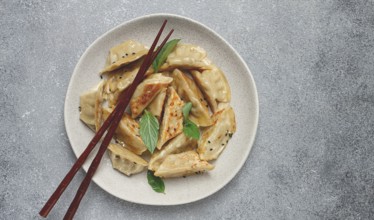 Japanese fried gyoza dumplings, with pork, sesame seeds, green onions