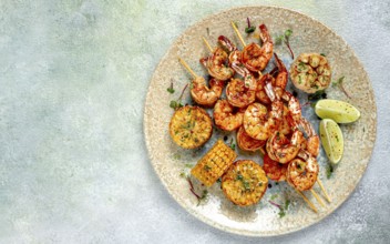 Tiger prawns on skewers, shrimp kebab, with corn, fried, homemade, no people