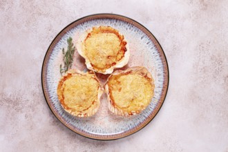 Scallop, baked in shells, with cheese and spices, on a plate, homemade