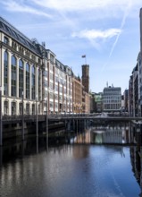 Building and canal Bleichenfleet, behind building Alte Post with tower, Hamburg Mitte, Hamburg,