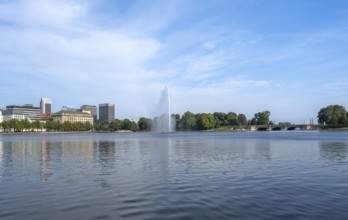 View over the Inner Alster with Alster fountain, Hamburg, Germany