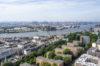 City view, view of the Elbe with Hamburg harbour, from the tower of St. Michael's Church, Hamburg,