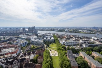 City view, view of the Elbe with Elbphilharmonie, from the tower of St Michael's Church, Hamburg,