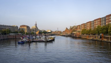 Inland harbour with warehouse district, in the evening light, Hamburg, Germany