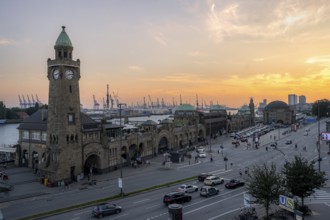 St. Pauli Landungsbrücken with the tide gauge tower and the Elbe, Hamburg harbour in the