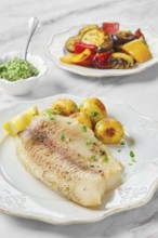Delicious fillet of fish is plated beside roasted vegetables and seasoned baby potatoes. Fresh