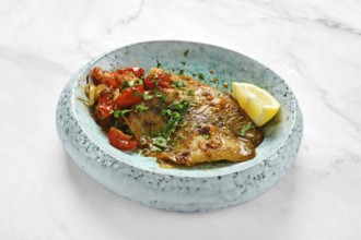 Juicy roasted red seabream fillet with tomatoes and herbs on a modern plate
