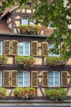 Historic half-timbered houses with flowers in the old town centre of Colmar, France
