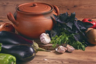 Clay pot, with ingredients, for cooking Chanakhi dishes, Georgian cuisine, no people