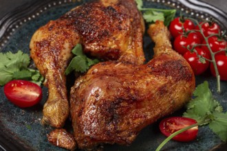 Grilled fried chicken legs, served with fresh cherry tomatoes and herbs, on a plate, homemade, no