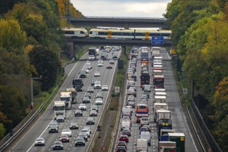 Local train crossing the A3 motorway between the Hilden junction and the Mettmann junction, view to