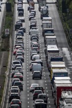 Traffic jam on the A3 motorway between the Hilden junction and the Mettmann junction, view to the