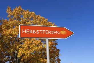 (Photomontage) Directional arrow with the inscription HERBSTFERIEN in front of an autumn-coloured