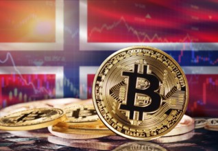 Bitcoin with Norway flag in the background. Investors in cryptocurrency and Blockchain Technology
