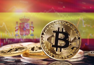 Bitcoin with Spain flag in the background. Investors in cryptocurrency and Blockchain Technology in
