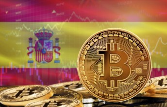 Investors in cryptocurrency and Blockchain Technology in Spain, Concept. Bitcoin with Spain flag in